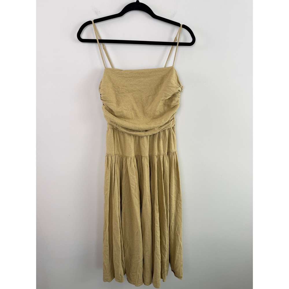 Toccin x RTR Midi Dress Tan 6 Linen Blend Ruched Tiered Boho Cottagecore